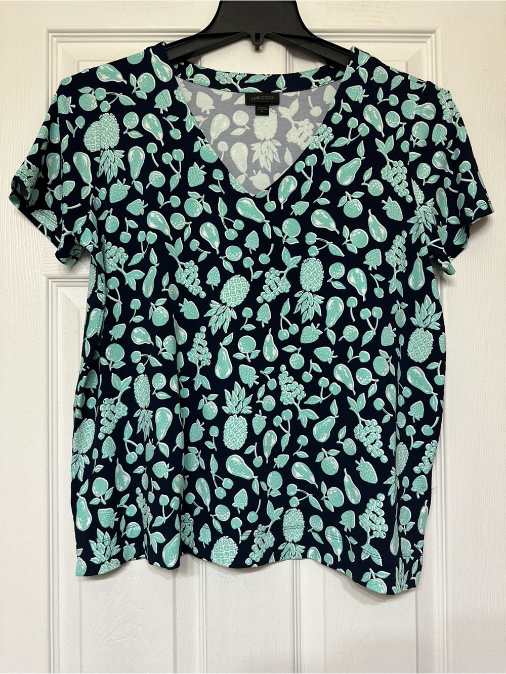 J. Jill Navy Short-Sleeve V-Neck Top with Mint Fruit Print